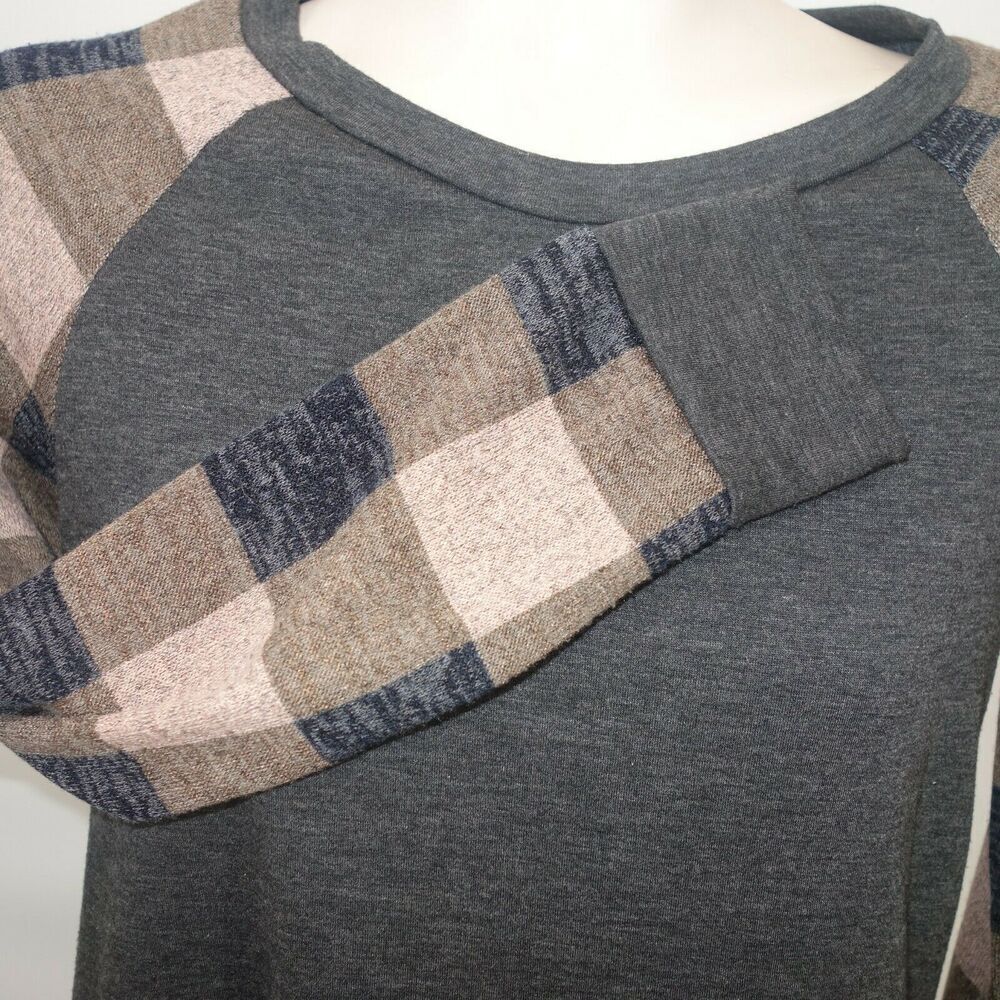 12PM by Mon Ami Gray Shirt Green Pink Black Plaid Sleeves Women's Small 4/6 - Picture 3 of 8